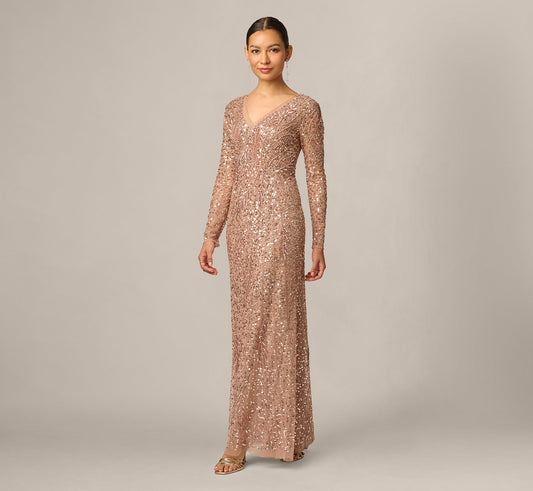 Petite Long Sleeve Beaded Full Length Dress - Rose Gold | Adrianna Papell