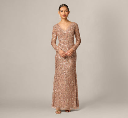 Petite Long Sleeve Beaded Full Length Dress - Rose Gold | Adrianna Papell