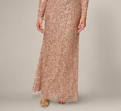 Petite Long Sleeve Beaded Full Length Dress - Rose Gold | Adrianna Papell
