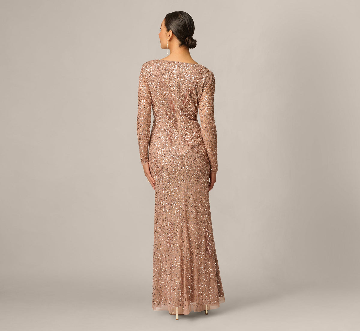 Petite Long Sleeve Beaded Full Length Dress - Rose Gold | Adrianna Papell