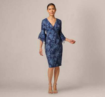 Petite Floral Jacquard Bell Sleeve Sheath Dress - Navy Sateen | Adrianna Papell