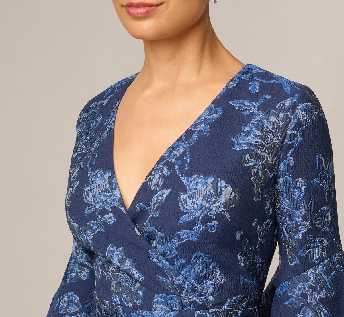 Petite Floral Jacquard Bell Sleeve Sheath Dress - Navy Sateen | Adrianna Papell