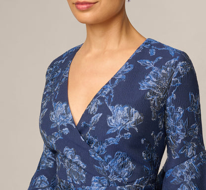 Petite Floral Jacquard Bell Sleeve Sheath Dress - Navy Sateen | Adrianna Papell