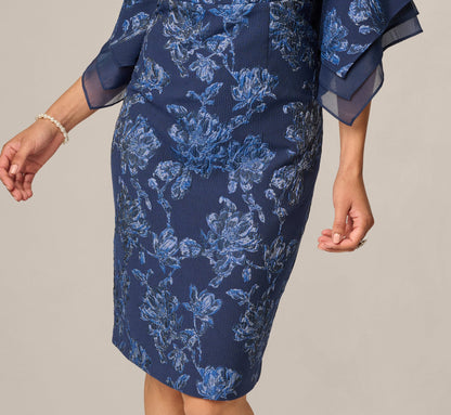 Petite Floral Jacquard Bell Sleeve Sheath Dress - Navy Sateen | Adrianna Papell