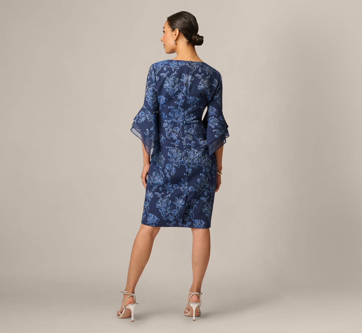 Petite Floral Jacquard Bell Sleeve Sheath Dress - Navy Sateen | Adrianna Papell
