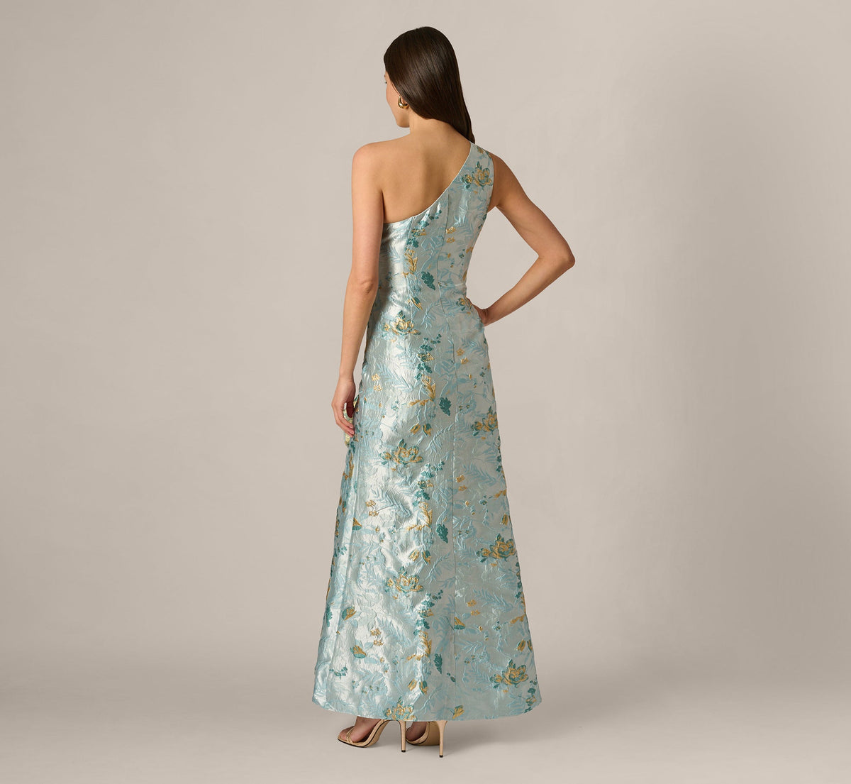 Petite One Shoulder Floral Jacquard Rosette Gown - Blue Multi | Adrianna Papell