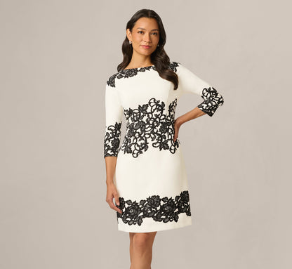 Petite Scroll Lace Midi Dress With Three Quarter Sleeves - Ivory Black | Adrianna Papell