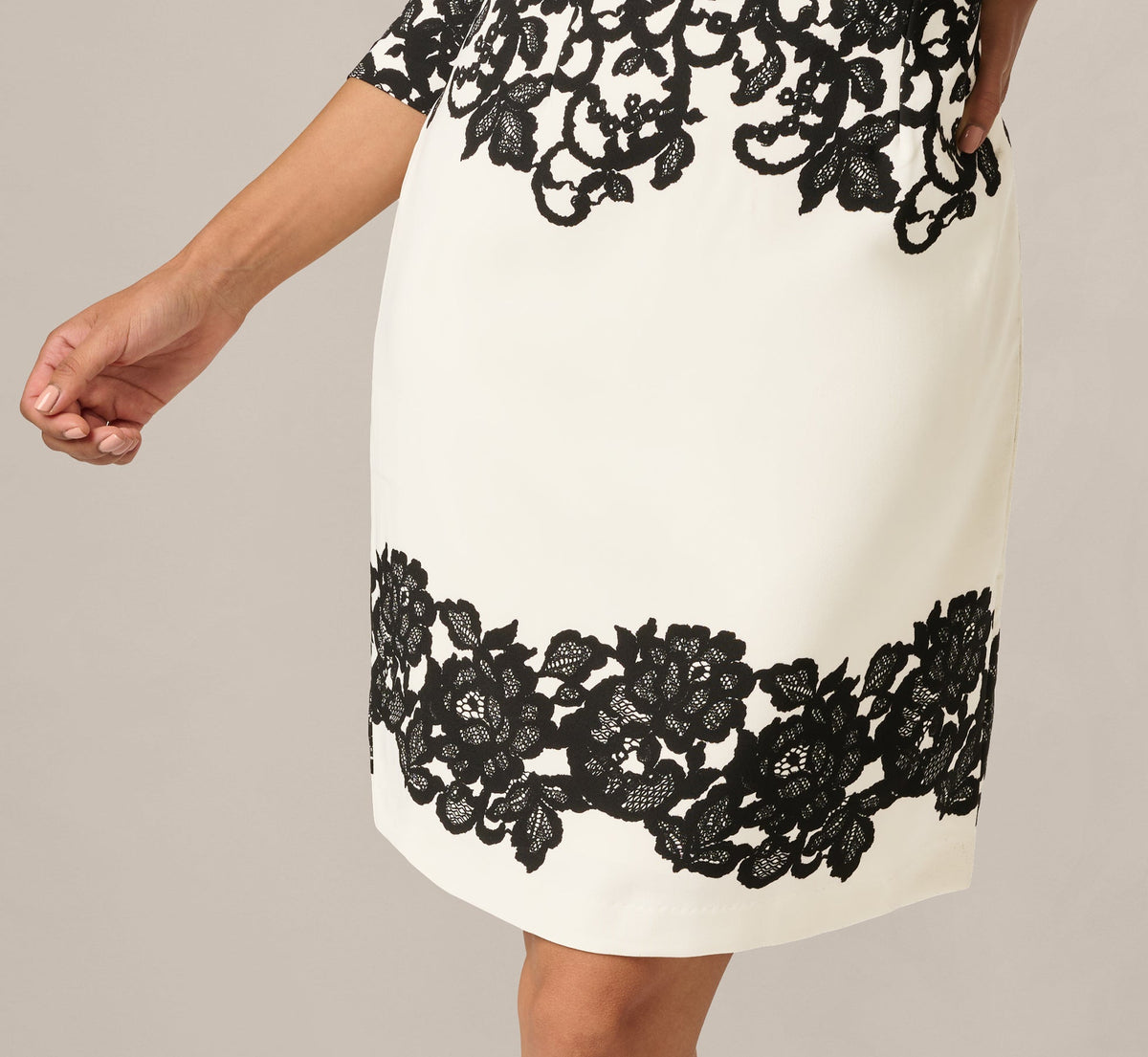 Petite Scroll Lace Midi Dress With Three Quarter Sleeves - Ivory Black | Adrianna Papell