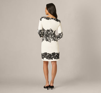 Petite Scroll Lace Midi Dress With Three Quarter Sleeves - Ivory Black | Adrianna Papell
