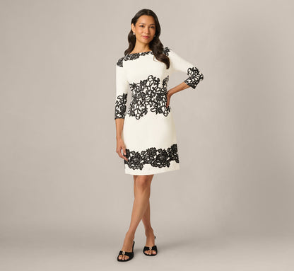 Petite Scroll Lace Midi Dress With Three Quarter Sleeves - Ivory Black | Adrianna Papell