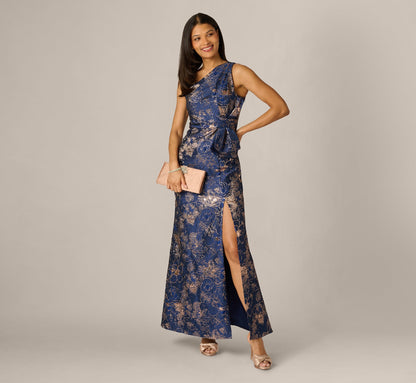 Petite One Shoulder Floral Jacquard Bow Gown - Navy Rosegold | Adrianna Papell