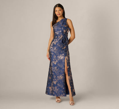 Petite One Shoulder Floral Jacquard Bow Gown - Navy Rosegold | Adrianna Papell