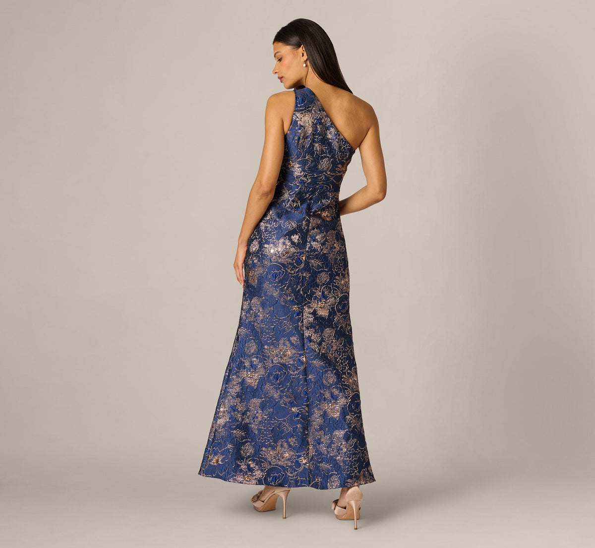 Petite One Shoulder Floral Jacquard Bow Gown - Navy Rosegold | Adrianna Papell