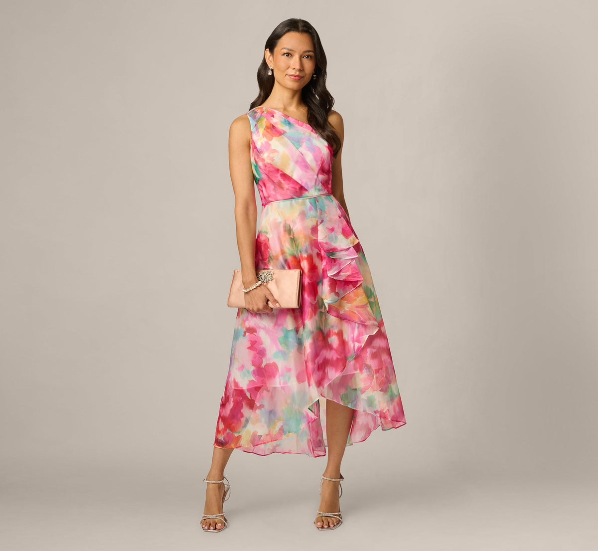 Petite One Shoulder Watercolor Organza High Low Midi Dress - Ivory Multi | Adrianna Papell