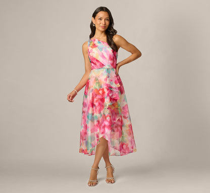 Petite One Shoulder Watercolor Organza High Low Midi Dress - Ivory Multi | Adrianna Papell