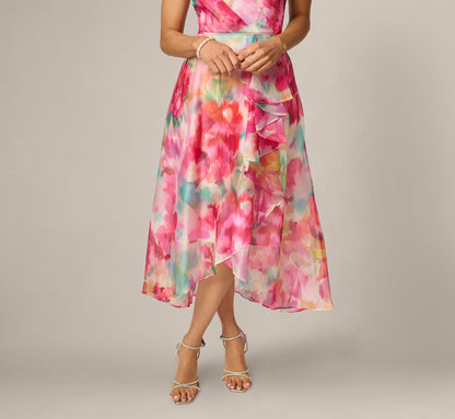 Petite One Shoulder Watercolor Organza High Low Midi Dress - Ivory Multi | Adrianna Papell