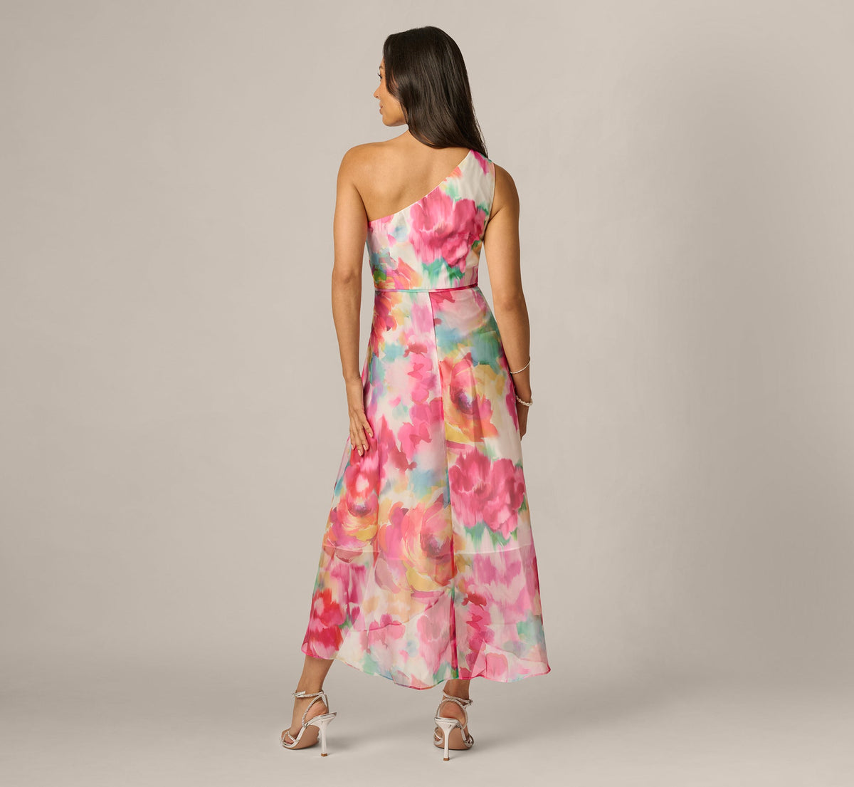 Petite One Shoulder Watercolor Organza High Low Midi Dress - Ivory Multi | Adrianna Papell