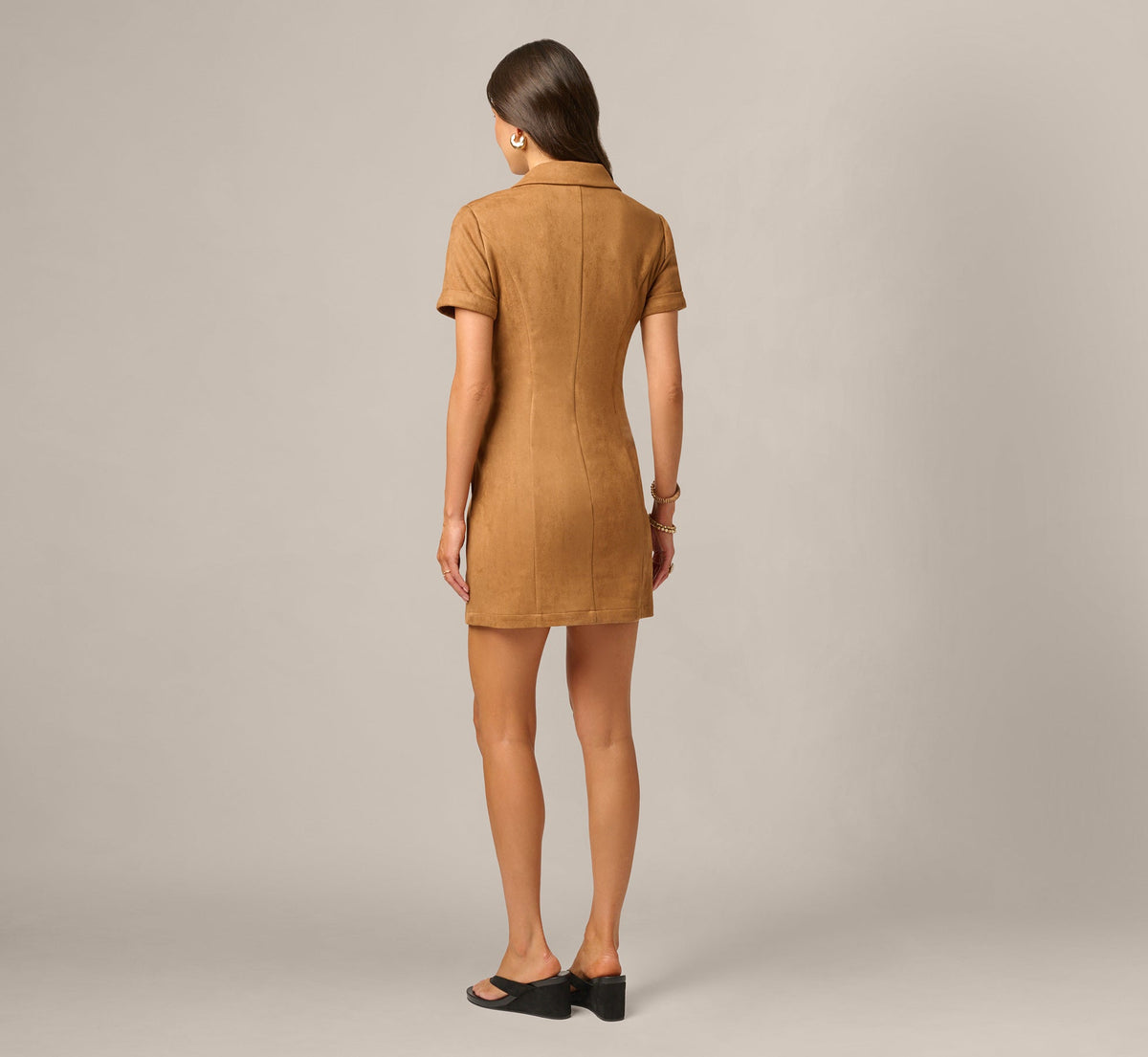 Short Sleeve Microsuede Emma Dress - Camel | Adrianna Papell