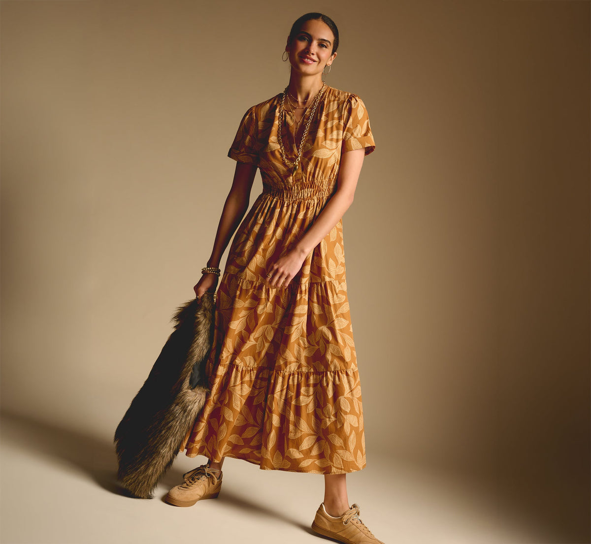 Short Sleeve Sophia Tiered Midi Dress - Cognac Multi | Adrianna Papell