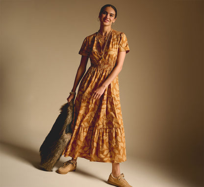 Short Sleeve Sophia Tiered Midi Dress - Cognac Multi | Adrianna Papell