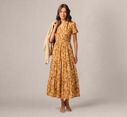Short Sleeve Sophia Tiered Midi Dress - Cognac Multi | Adrianna Papell