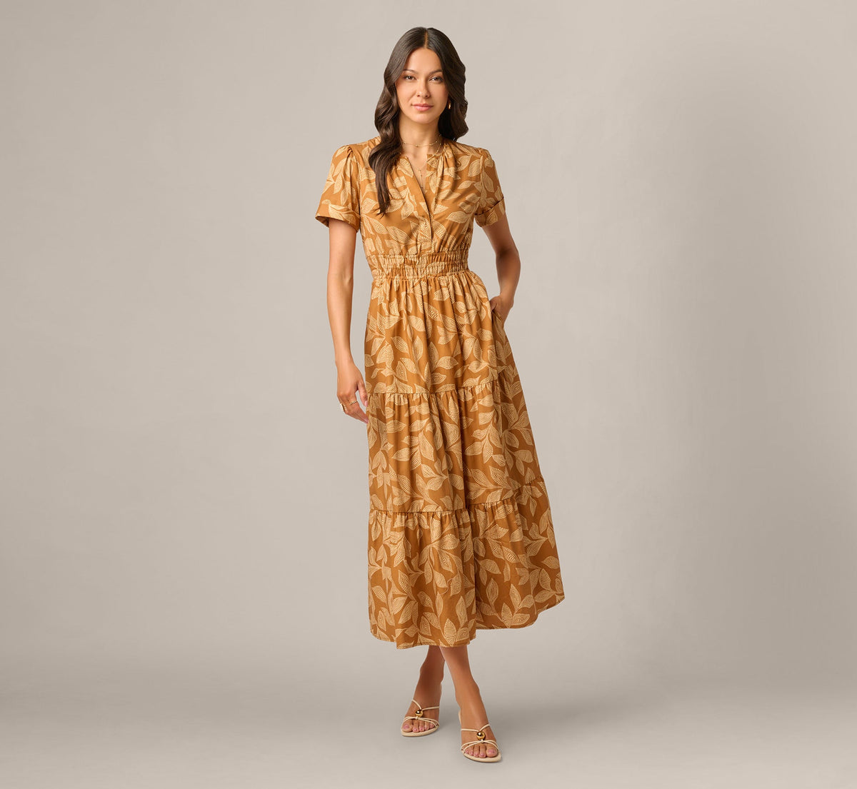 Short Sleeve Sophia Tiered Midi Dress - Cognac Multi | Adrianna Papell