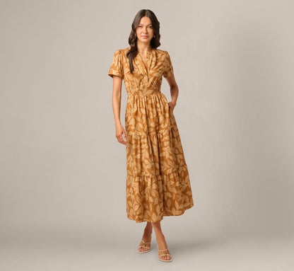 Short Sleeve Sophia Tiered Midi Dress - Cognac Multi | Adrianna Papell