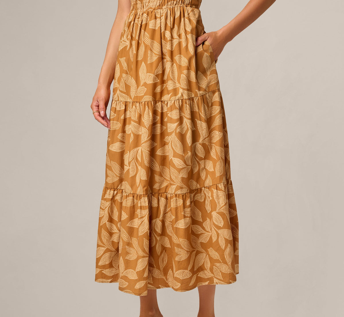 Short Sleeve Sophia Tiered Midi Dress - Cognac Multi | Adrianna Papell
