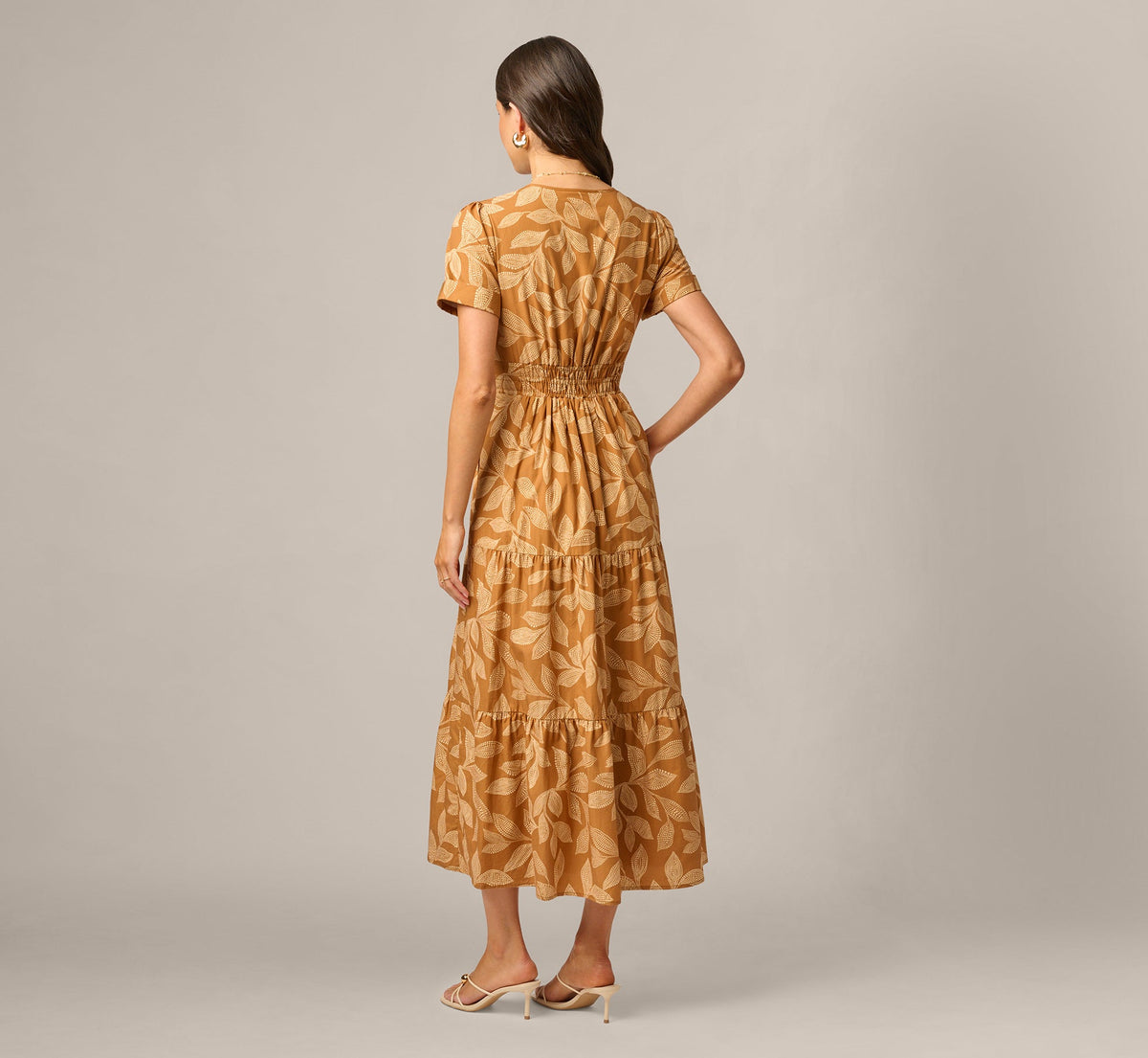 Short Sleeve Sophia Tiered Midi Dress - Cognac Multi | Adrianna Papell