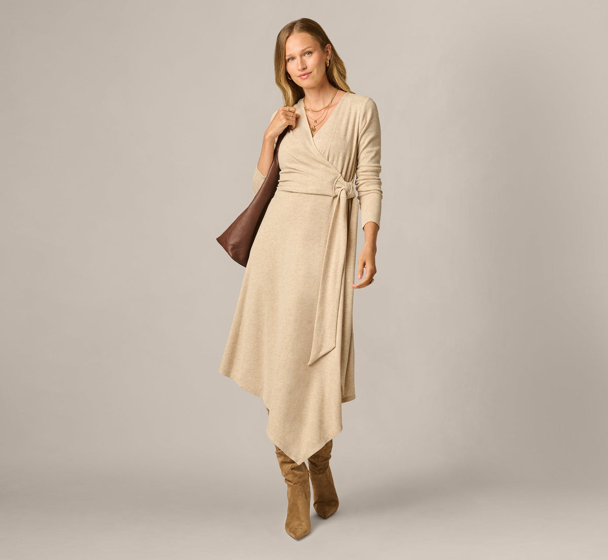 Long Sleeve Asymmetrical Sweater Knit Everyday Dress - Oatmeal Heather | Adrianna Papell