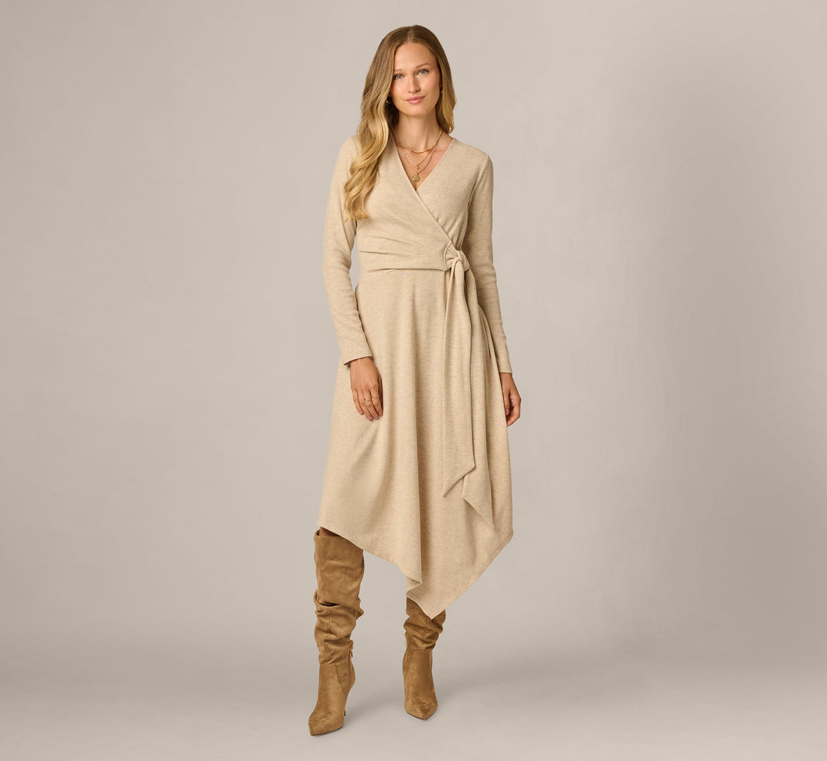 Long Sleeve Asymmetrical Sweater Knit Everyday Dress - Oatmeal Heather | Adrianna Papell