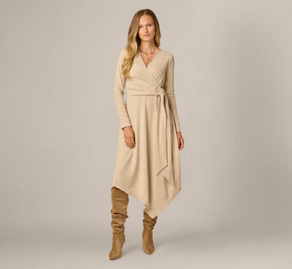 Long Sleeve Asymmetrical Sweater Knit Everyday Dress - Oatmeal Heather | Adrianna Papell