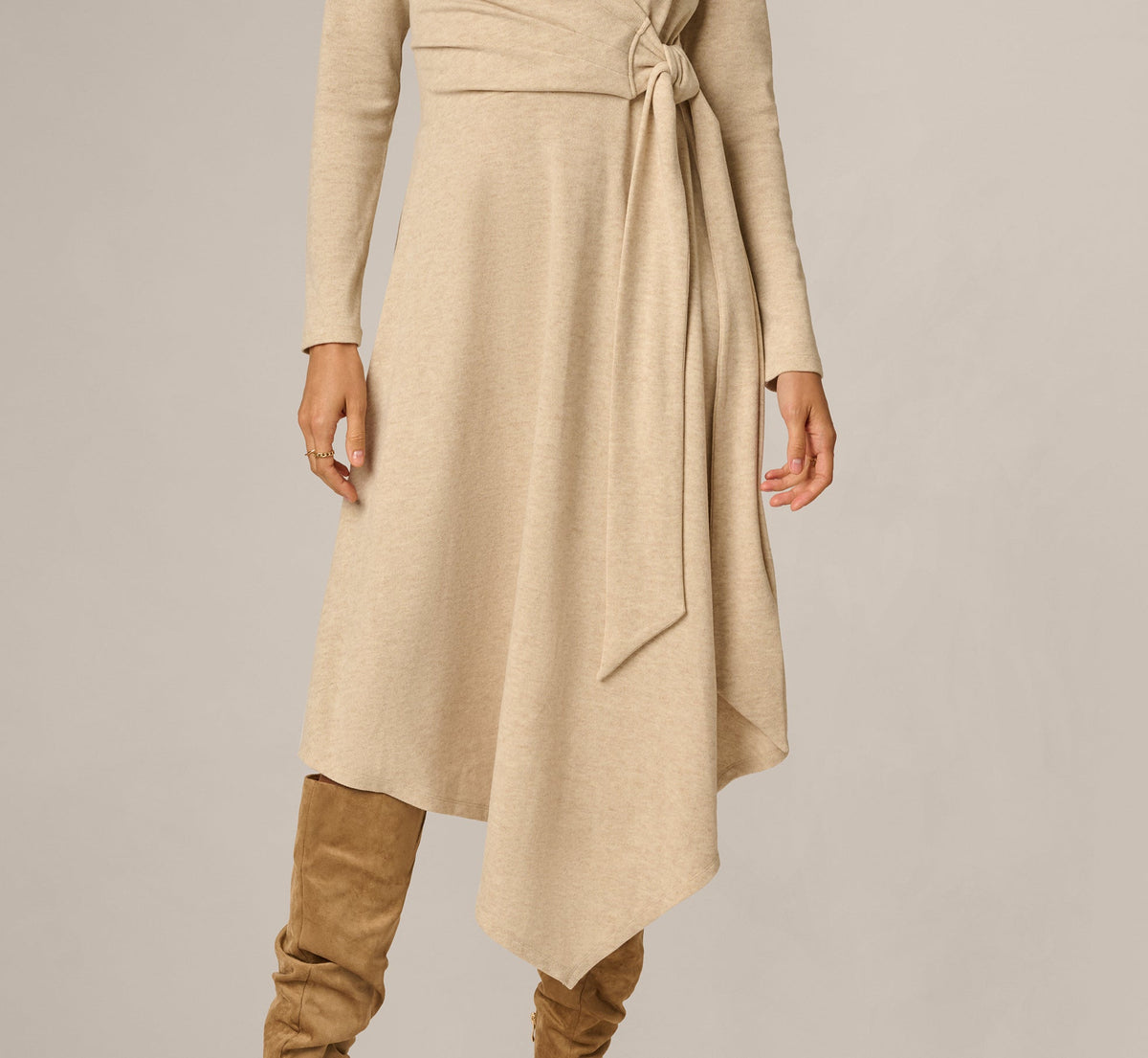 Long Sleeve Asymmetrical Sweater Knit Everyday Dress - Oatmeal Heather | Adrianna Papell