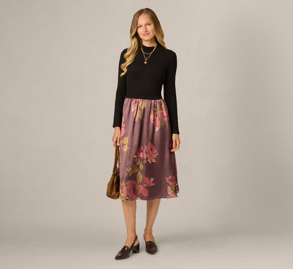 Long Sleeve Floral Satin Amelia Midi Dress - Mocha Multi | Adrianna Papell