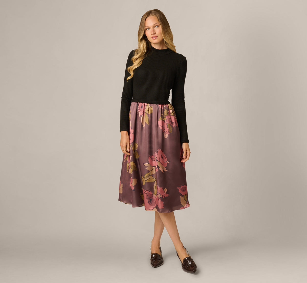 Long Sleeve Floral Satin Amelia Midi Dress - Mocha Multi | Adrianna Papell