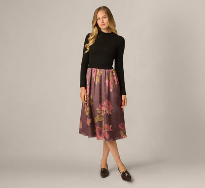 Long Sleeve Floral Satin Amelia Midi Dress - Mocha Multi | Adrianna Papell