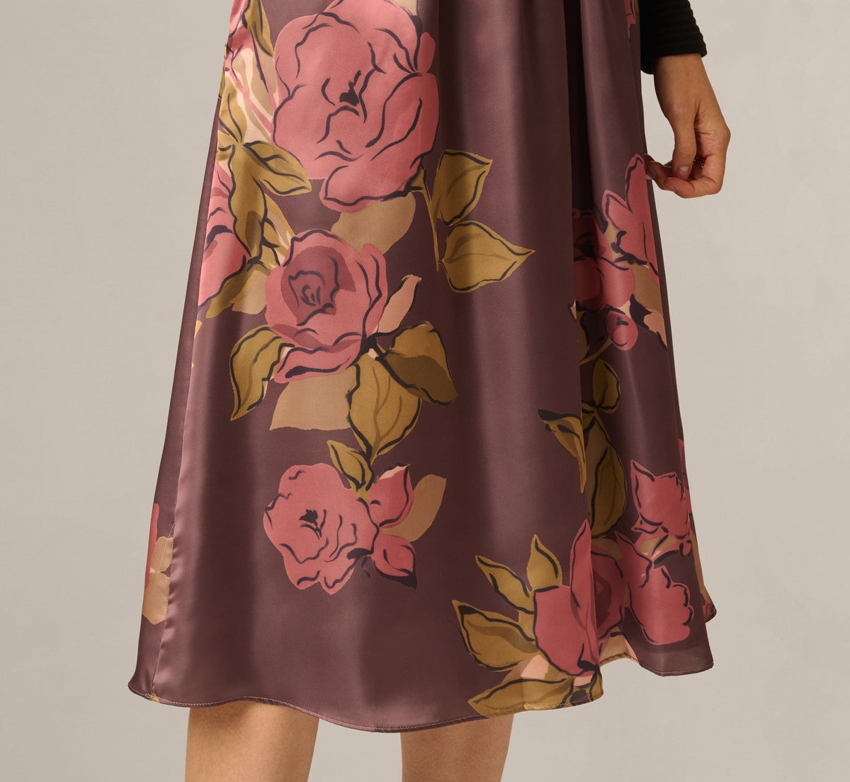 Long Sleeve Floral Satin Amelia Midi Dress - Mocha Multi | Adrianna Papell