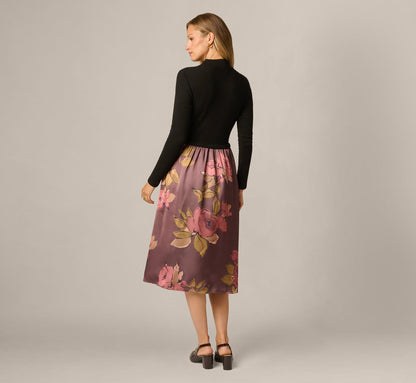 Long Sleeve Floral Satin Amelia Midi Dress - Mocha Multi | Adrianna Papell