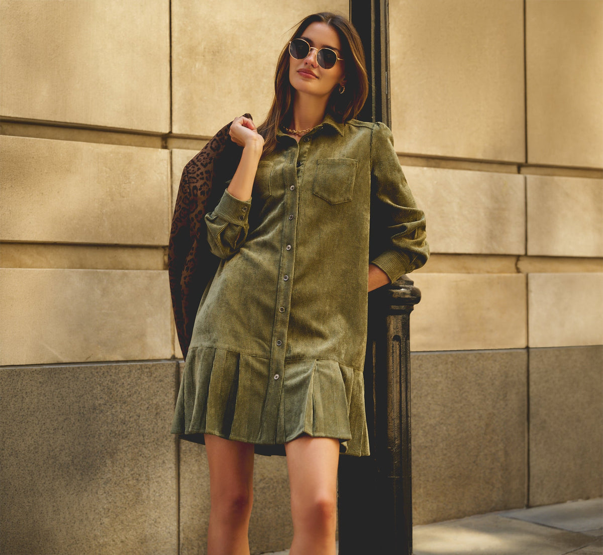 Long Sleeve Corduroy Pleated Hem Hailey Dress - Olive | Adrianna Papell