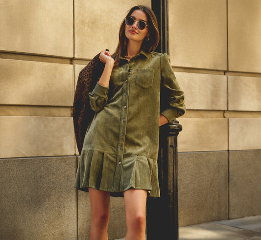 Long Sleeve Corduroy Pleated Hem Hailey Dress - Olive | Adrianna Papell