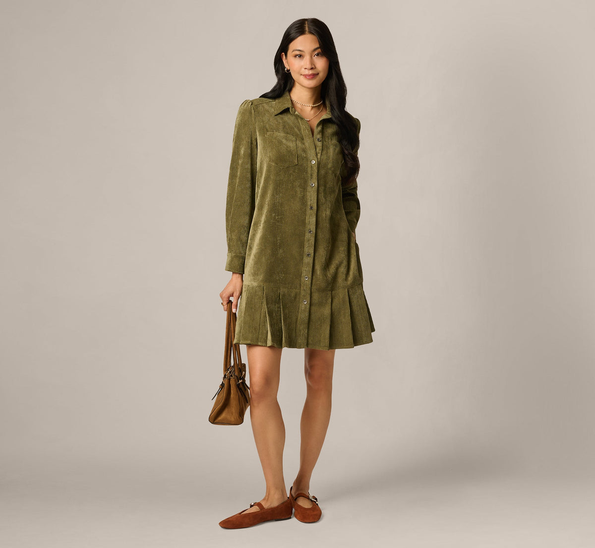 Long Sleeve Corduroy Pleated Hem Hailey Dress - Olive | Adrianna Papell