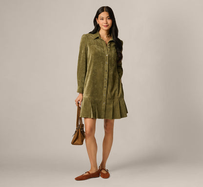 Long Sleeve Corduroy Pleated Hem Hailey Dress - Olive | Adrianna Papell