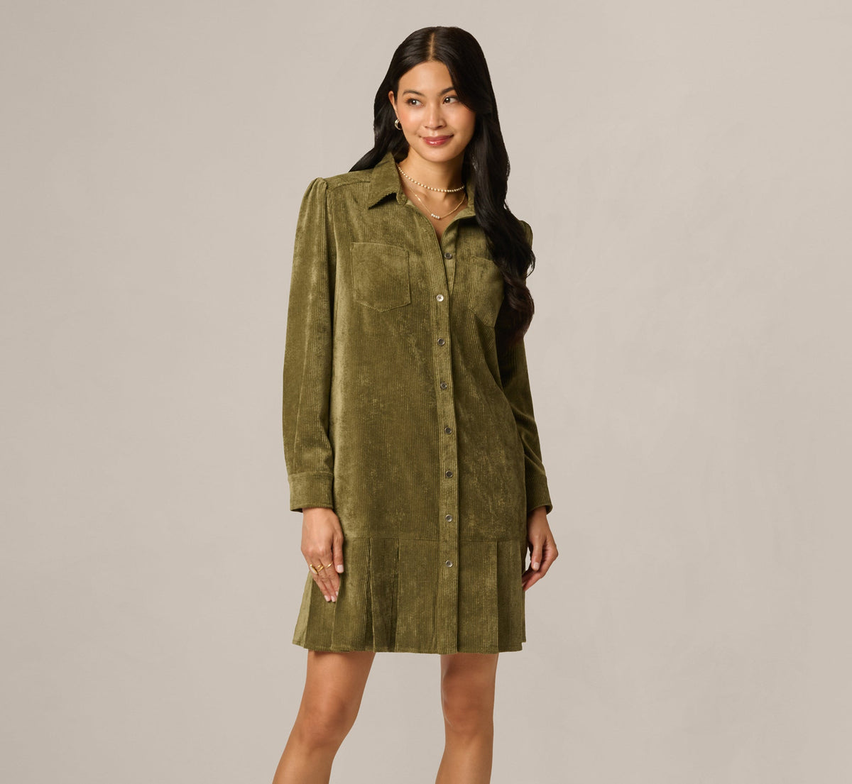 Long Sleeve Corduroy Pleated Hem Hailey Dress - Olive | Adrianna Papell