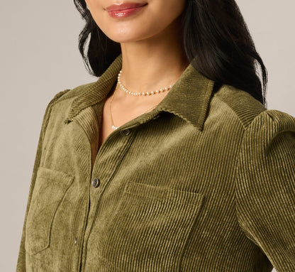 Long Sleeve Corduroy Pleated Hem Hailey Dress - Olive | Adrianna Papell