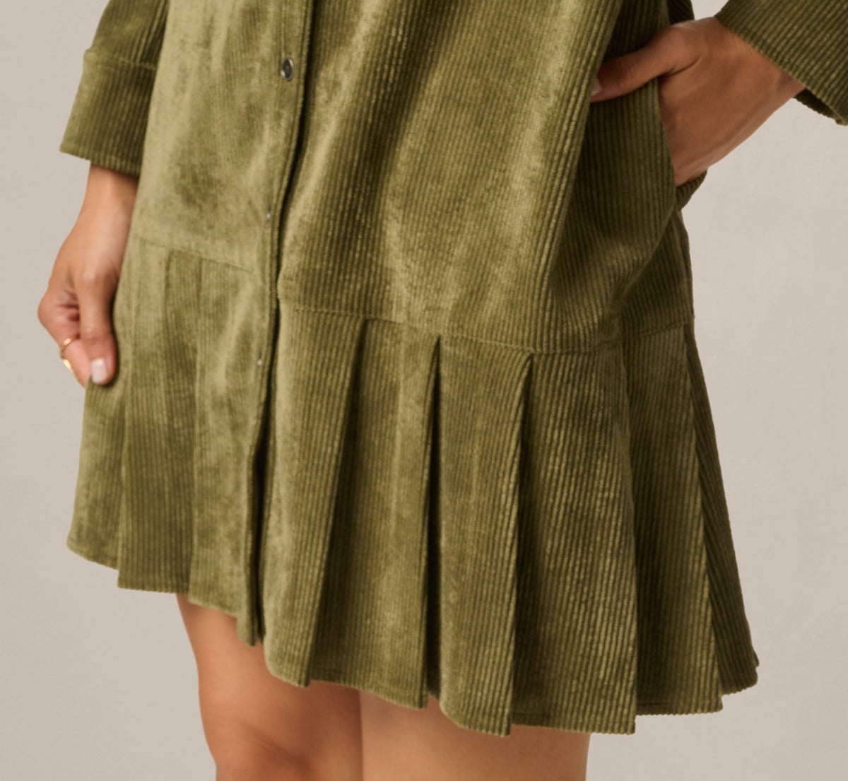 Long Sleeve Corduroy Pleated Hem Hailey Dress - Olive | Adrianna Papell