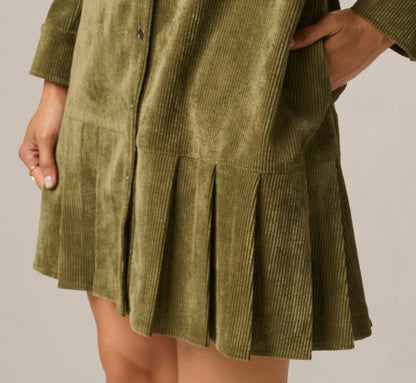 Long Sleeve Corduroy Pleated Hem Hailey Dress - Olive | Adrianna Papell