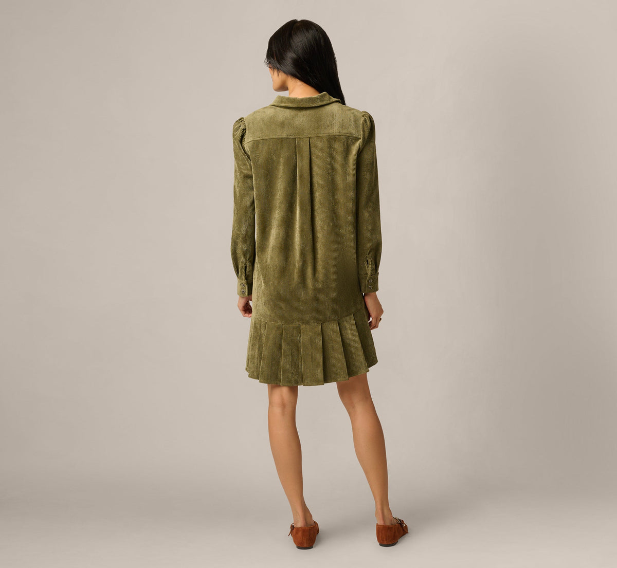 Long Sleeve Corduroy Pleated Hem Hailey Dress - Olive | Adrianna Papell