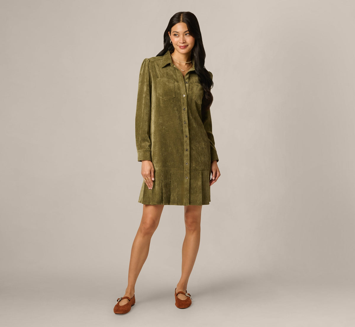 Long Sleeve Corduroy Pleated Hem Hailey Dress - Olive | Adrianna Papell