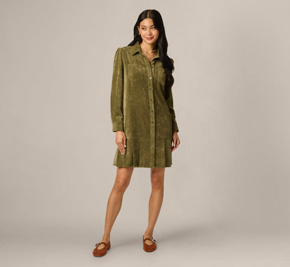 Long Sleeve Corduroy Pleated Hem Hailey Dress - Olive | Adrianna Papell