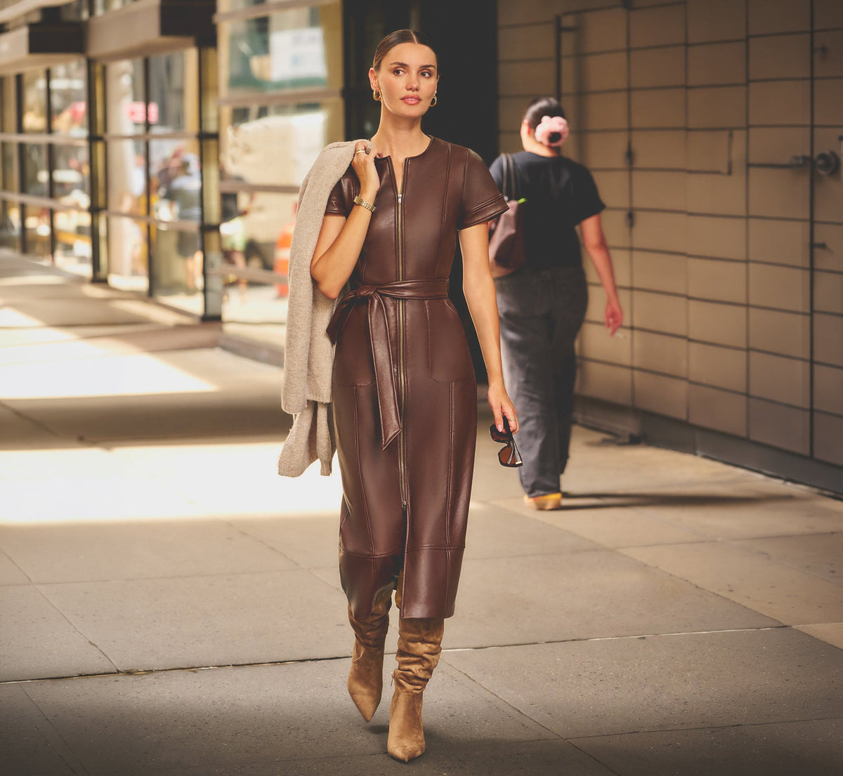 Short Sleeve Faux Leather Everyday Midi Dress - Coffee | Adrianna Papell